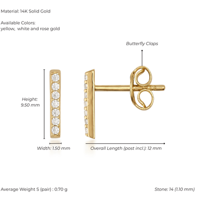 14K Solid Gold Bar Stud Earrings – Minimalist Round Stone Earrings, Two Sizes S & M, Dainty Everyday Jewelry