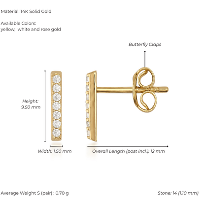 14K Solid Gold Bar Stud Earrings – Minimalist Round Stone Earrings, Two Sizes S & M, Dainty Everyday Jewelry