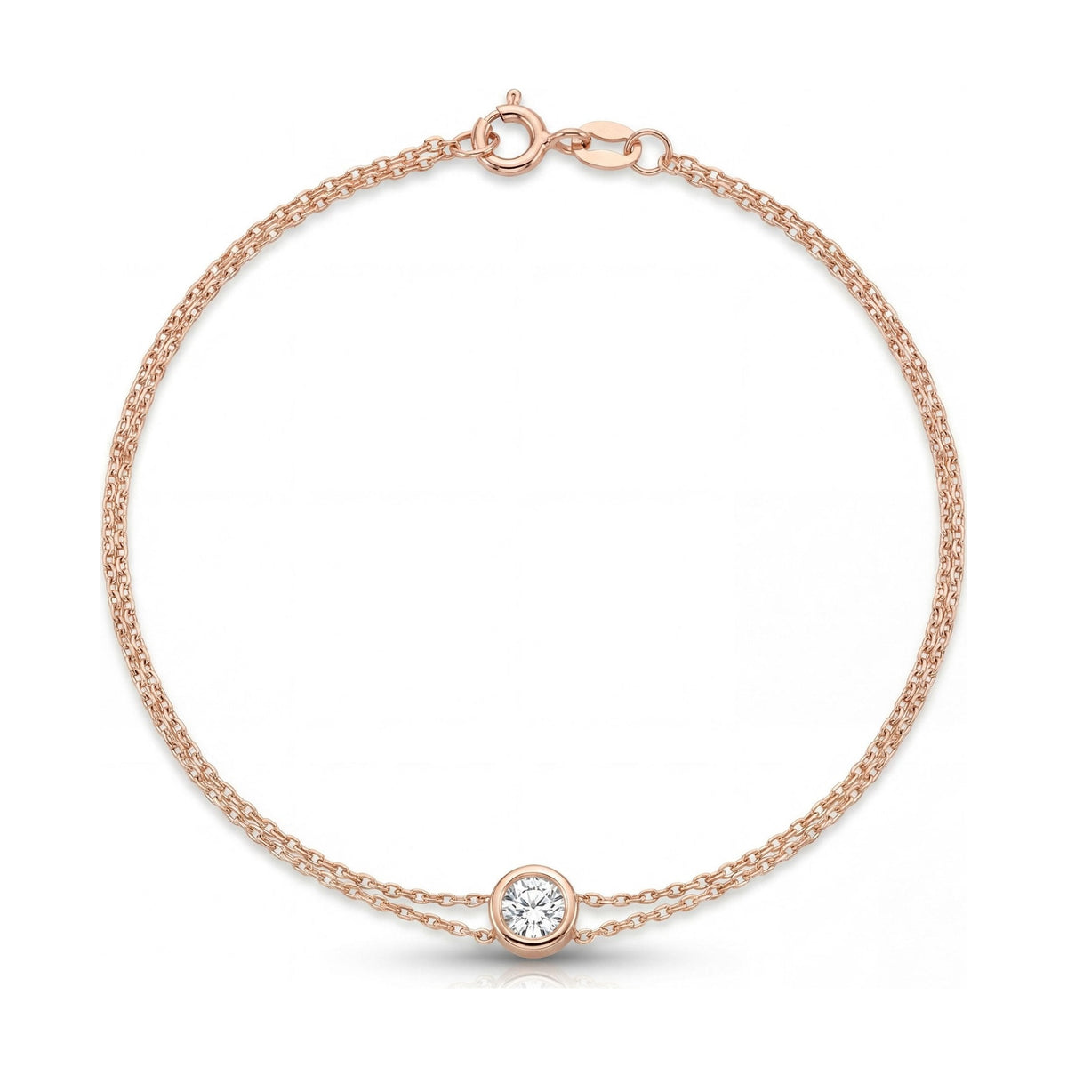 14K rose gold bezel bracelet, double cable chain with one round bezel-set clear stone, on white