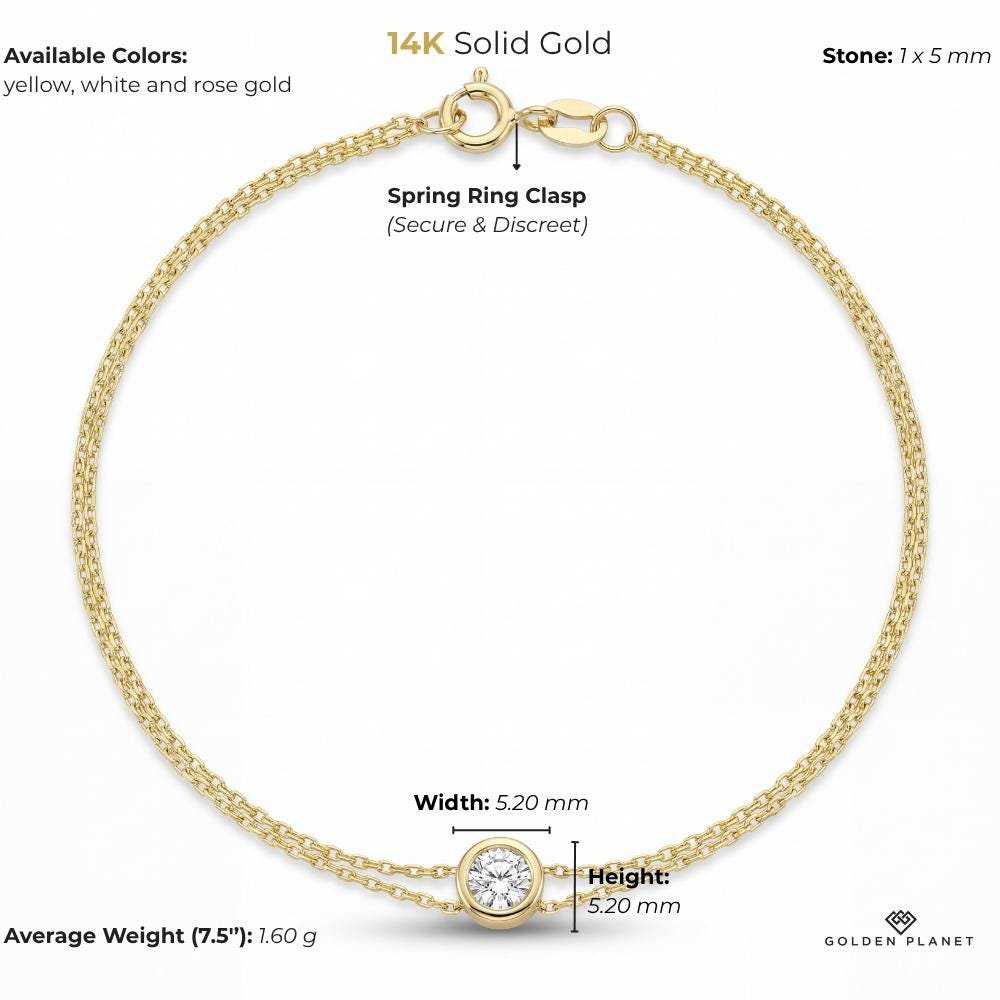 Product info graphic for 14K gold bezel bracelet, size and weight guide