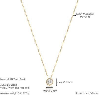 Gold necklace with diamond pendant on a white background, showing chain thickness and pendant dimensions.