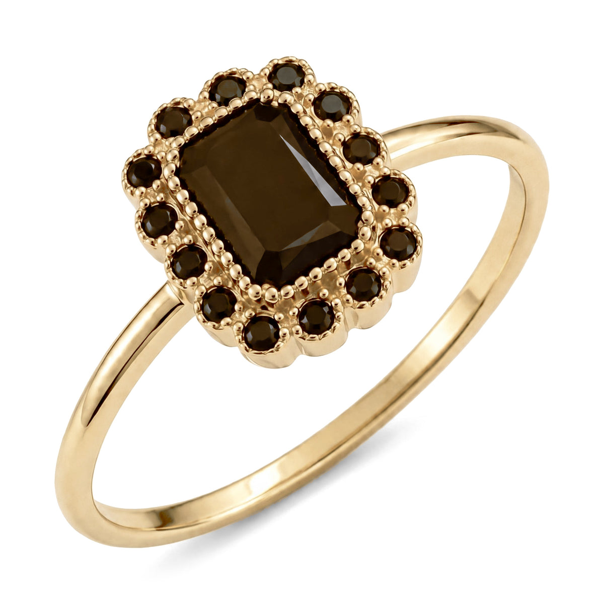 14K yellow gold black cubic zirconia ring on white