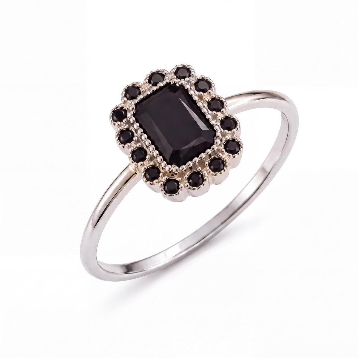 14K white gold black cubic zirconia ring on white