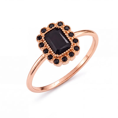 14K rose gold black cubic zirconia ring on white