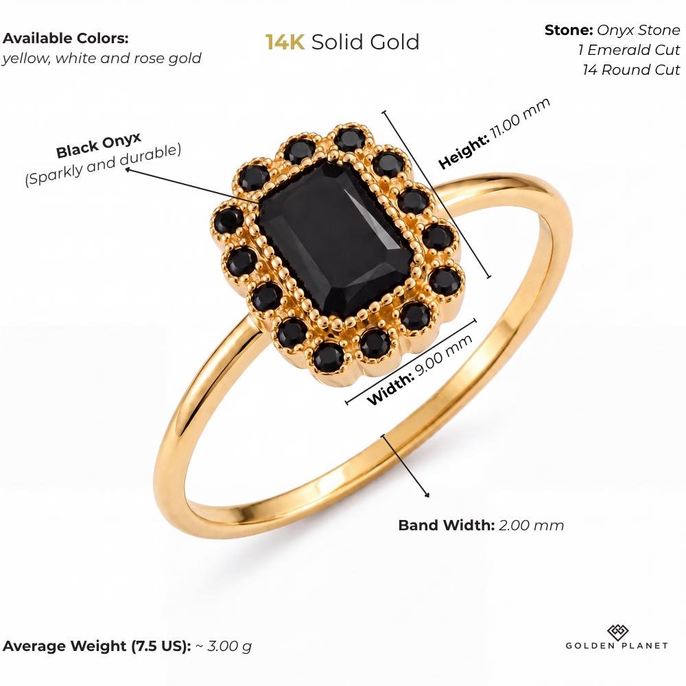 Size chart for the 14K gold black cubic zirconia ring showing stones, available colors, band width, top size, average weight