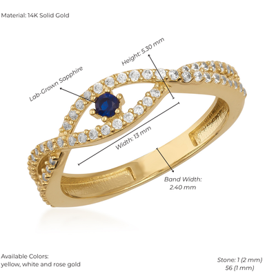 14K Solid Gold Evil Eye Ring – Bohemian Vintage Style Lab-Created Sapphire Center with Zirconia Accents