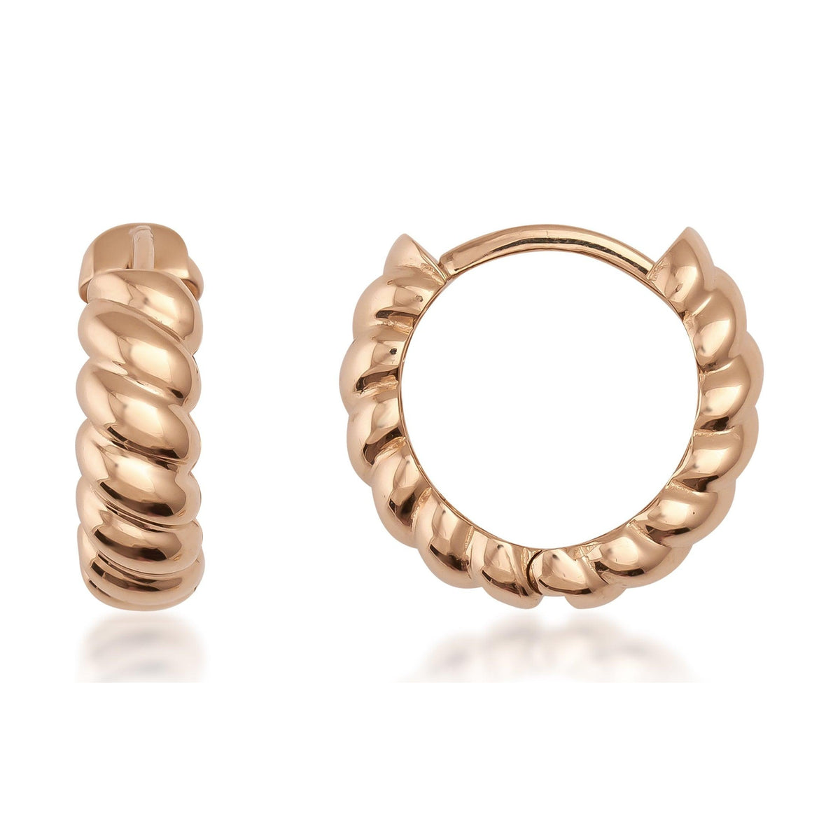 14K gold twisted hoop earrings with a polished, ribbed design on a white background