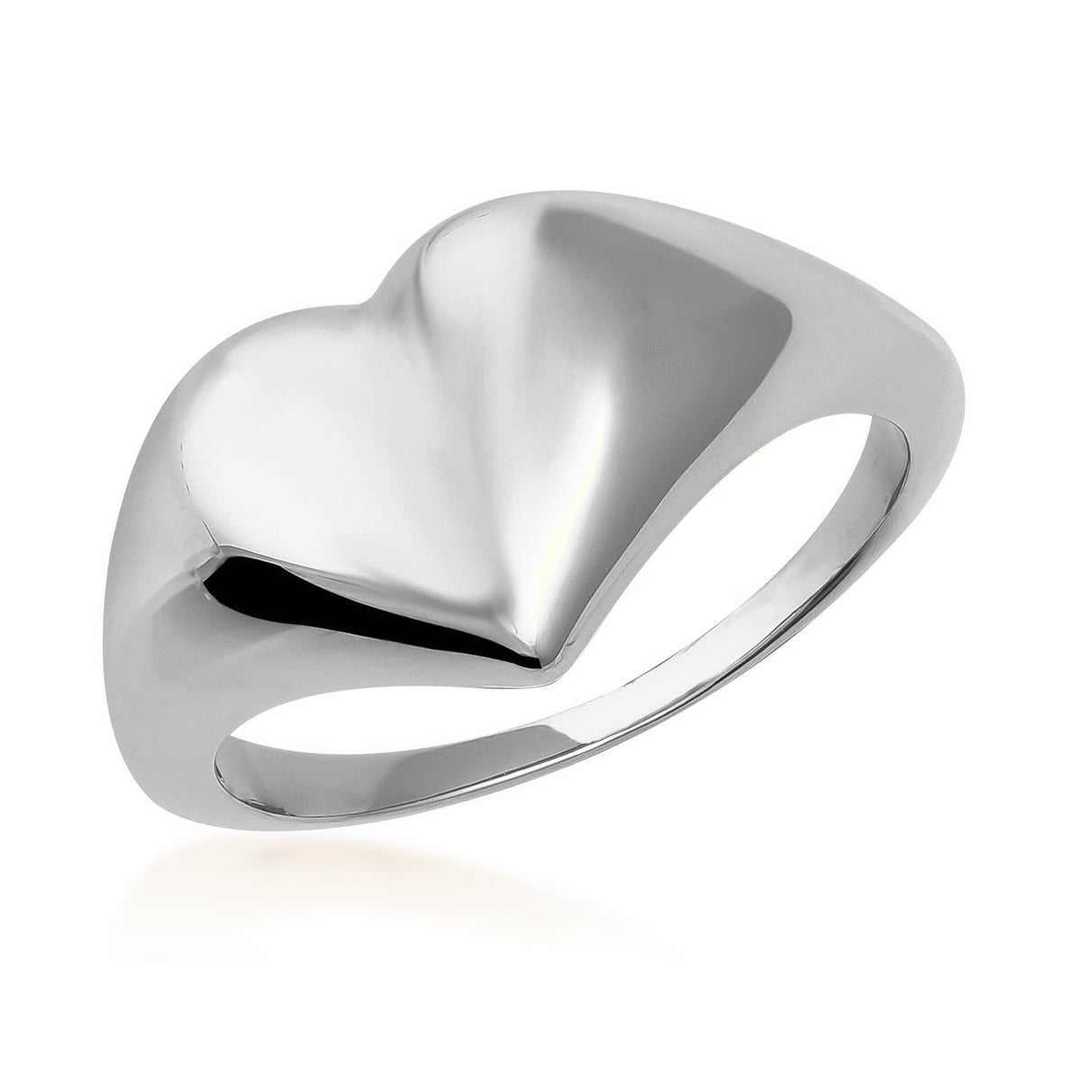 Polished 14K gold heart-shaped ring with a modern minimalist design on white background