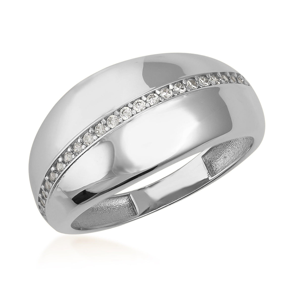 Polished 14K gold ring with a row of sparkling round cubic zirconia on a white background