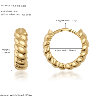 Gold hoop earrings with dimensions and material details on a white background