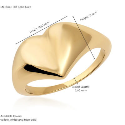 Gold heart-shaped ring with measurements on a white background