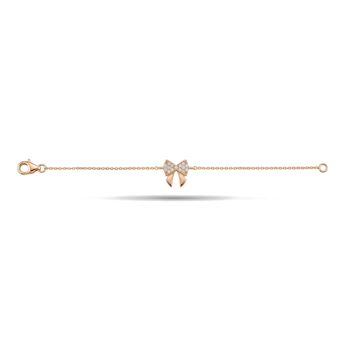 14K rose gold bow bracelet laid out straight, clear stone pavé bow centred on a fine chain, on white