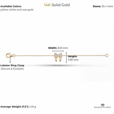 Product info graphic for 14K gold bow bracelet, size and weight guide