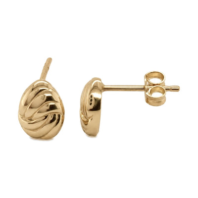 14K yellow gold braided knot stud earrings, front and side view of the pair with butterfly back on white