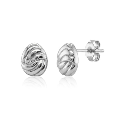 14K white gold braided knot stud earrings, front and side view of the pair with butterfly back