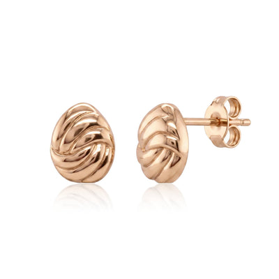 14K rose gold braided knot stud earrings, front and side view of the pair with butterfly back