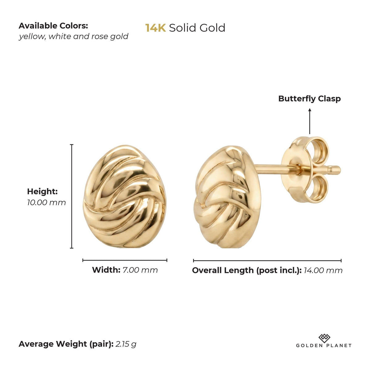 Size chart for the 14K gold braided knot stud earrings showing available colors, height, width, overall length, closure