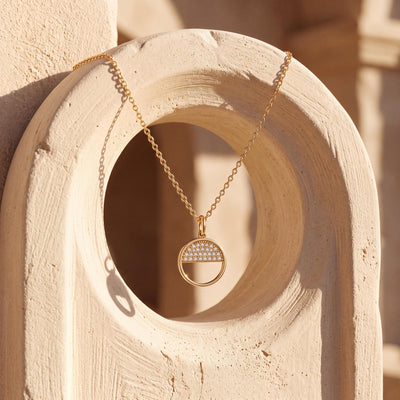 14K gold circle necklace, styled view