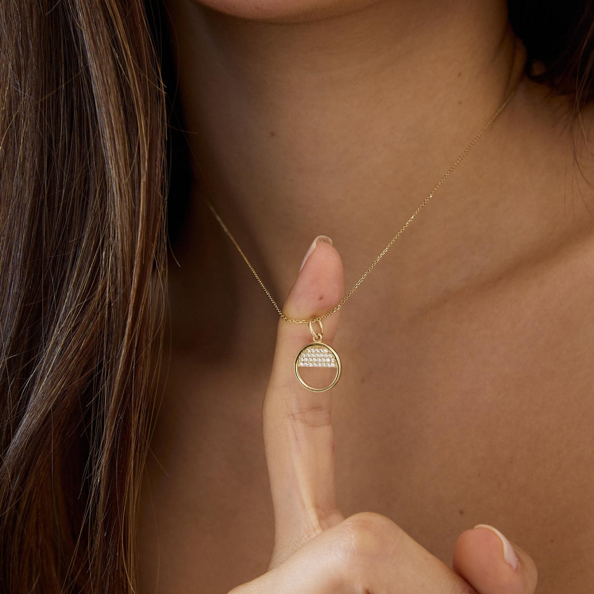 14K gold circle necklace, styled view