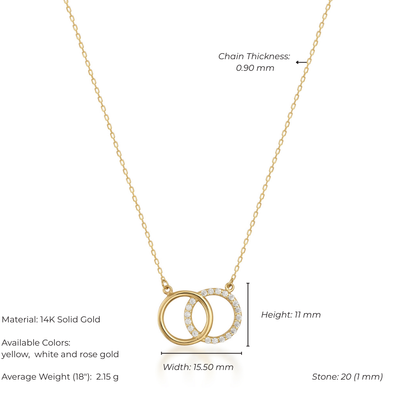 Gold necklace with interlocking rings on a white background