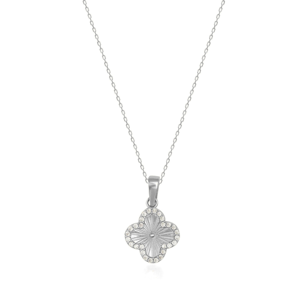 14K white gold clover pendant necklace with cubic zirconia accents on a fine chain, elegant jewelry