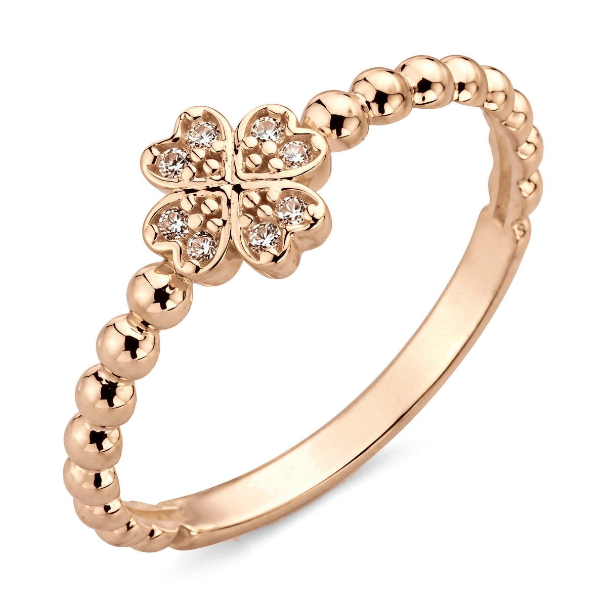 14K rose gold clover ring, four heart-shaped petals set with clear stones on a beaded band