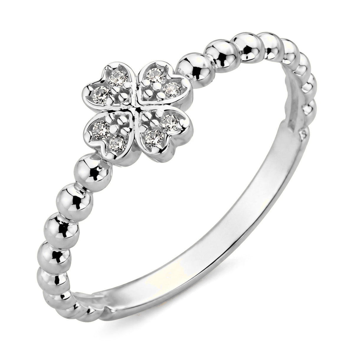14K white gold clover ring, four heart-shaped petals set with clear stones on a beaded band