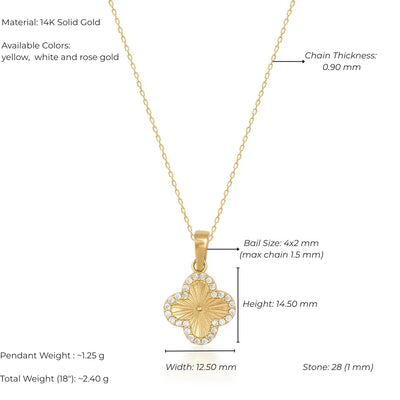 Gold necklace with pendant on a white background, showing measurements and material details.