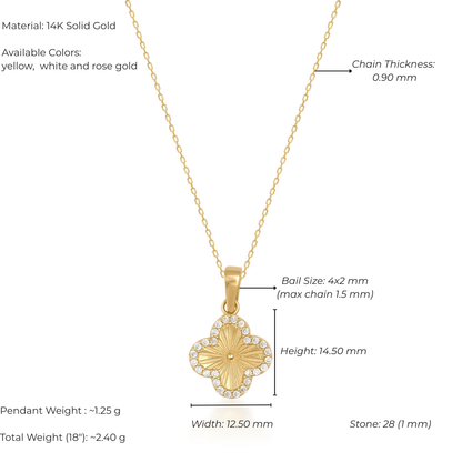 Gold necklace with pendant on a white background, showing measurements and material details.