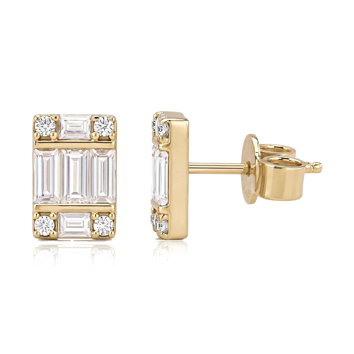 14K yellow gold cluster stud earrings with round cubic zirconia, front view and side view with push back