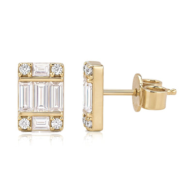 14K yellow gold cluster stud earrings with round cubic zirconia, front view and side view with push back