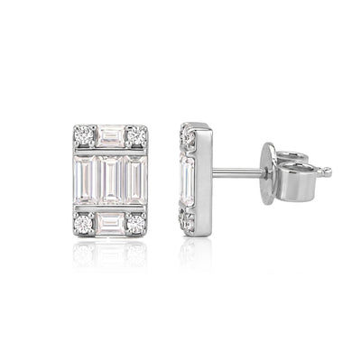 14K white gold cluster stud earrings with round cubic zirconia, front view and side view with push back