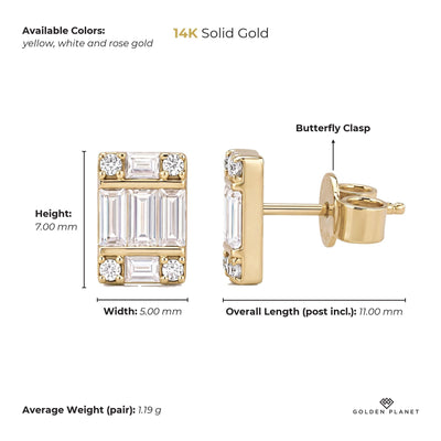 Size chart for the 14K gold cluster stud earrings showing stones, available colors, earring face, overall length, closure