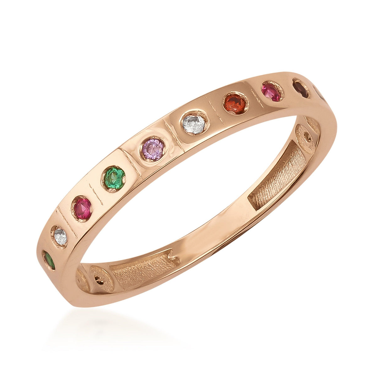 14K gold band ring with multicolored cubic zirconia set in a minimalist, elegant design