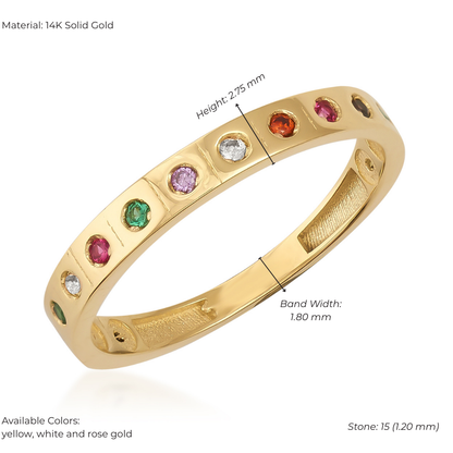 Gold ring with colored gemstones and measurements on a white background