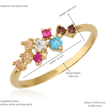 14K Solid Gold Colorful Birthstone-Inspired Ring – Round Multi-Stone Delicate Design, Stackable Fine Jewelry Gift for Her, Minimalist Elegant Band