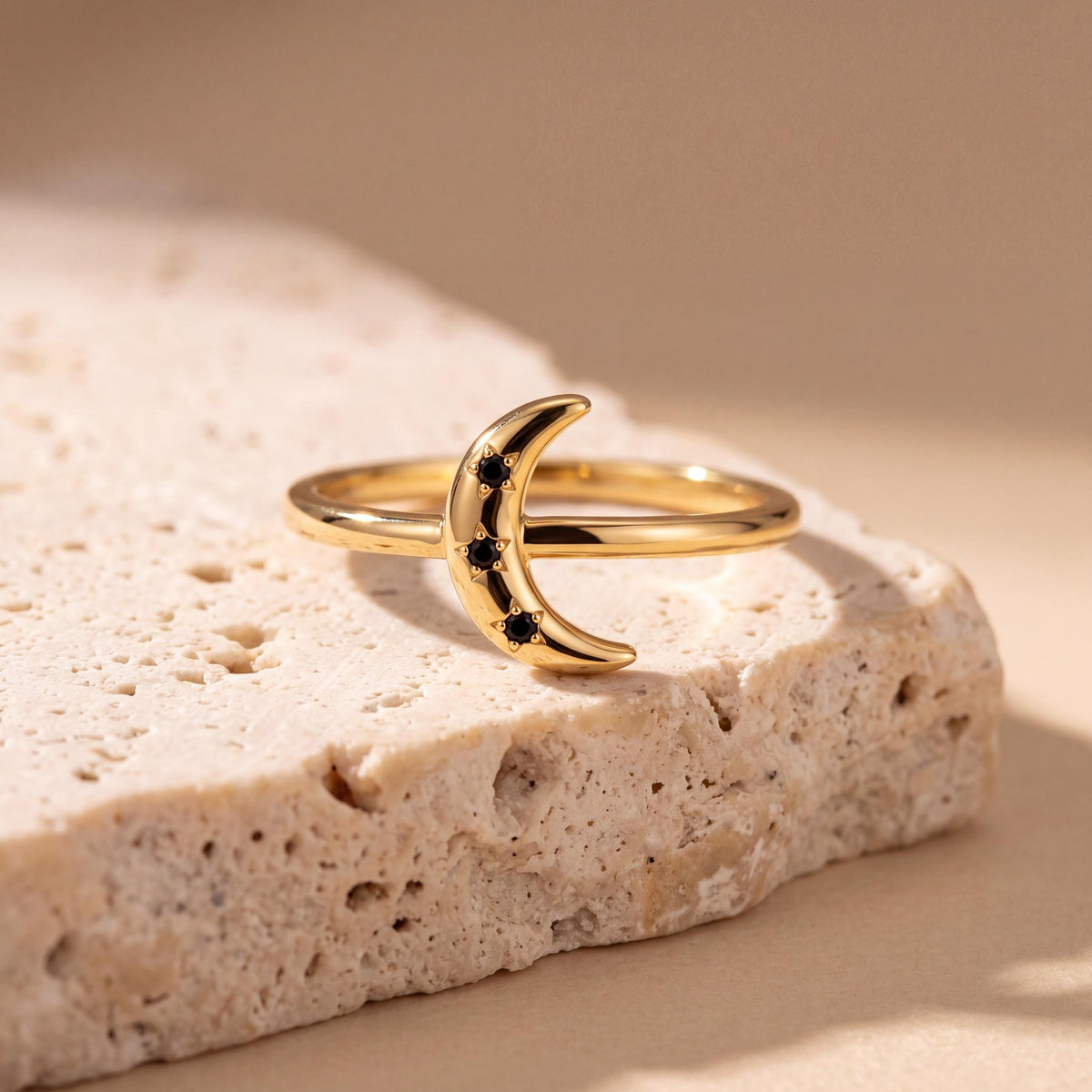 14K gold crescent moon ring, styled view