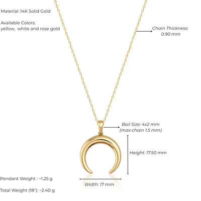 Gold necklace with crescent moon pendant and measurement details on a white background