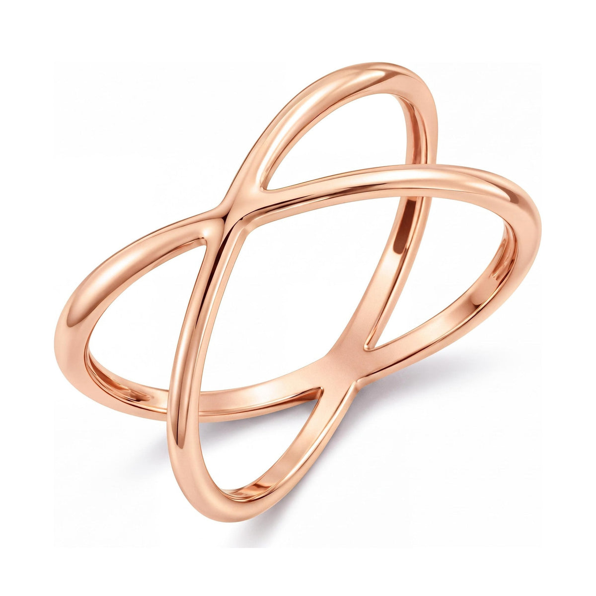 14K rose gold criss cross ring, two slim polished bands crossing in an open X, on white
