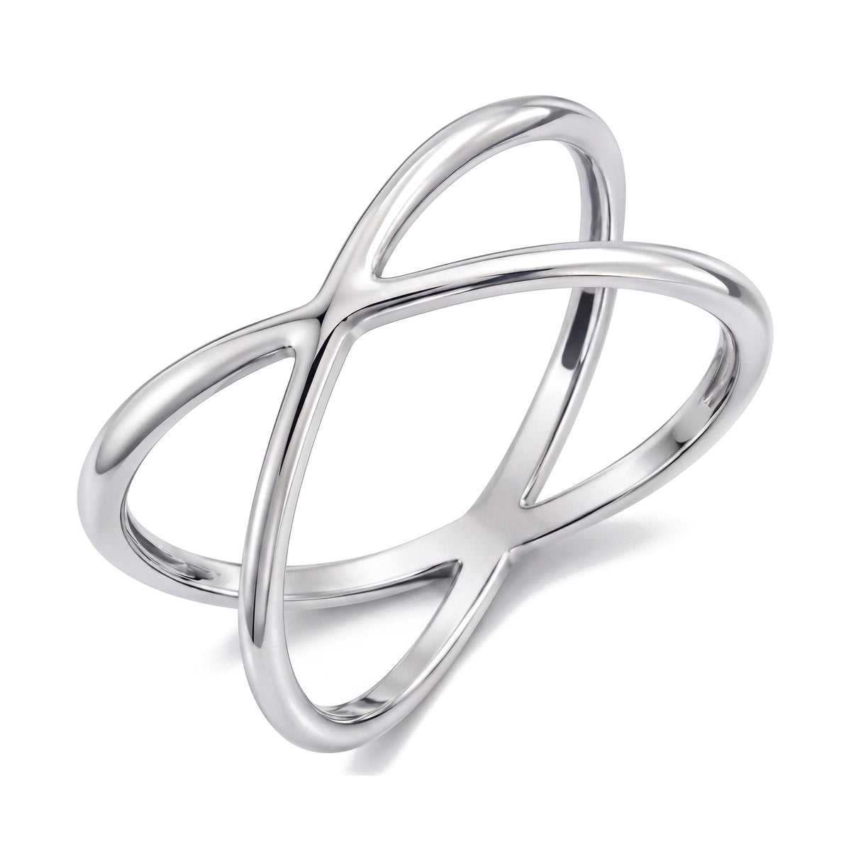 14K white gold criss cross ring, two slim polished bands crossing in an open X, on white