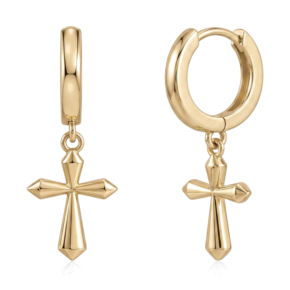 14K yellow gold cross hoop earrings on white