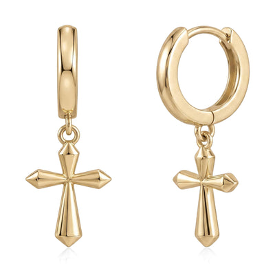 14K yellow gold cross hoop earrings on white