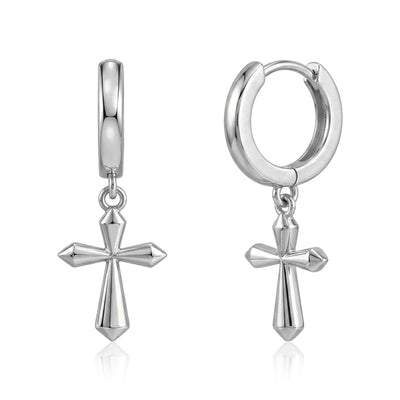 14K white gold cross hoop earrings on white