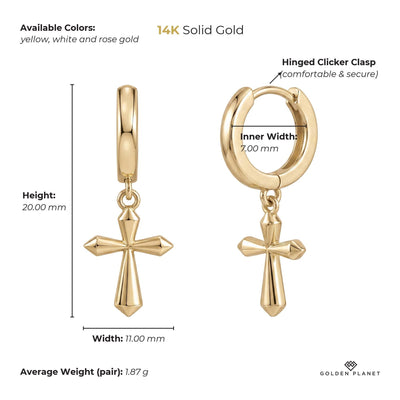 Size chart for the 14K gold cross hoop earrings showing available colors, height, width, inner hoop width, closure, average