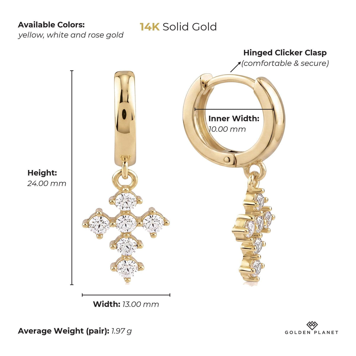 Size chart for the 14K gold cross huggie earrings showing stones, available colors, height, width, inner hoop width