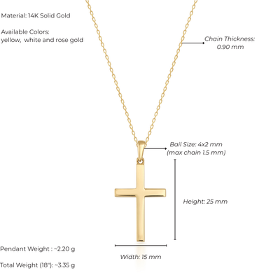 Gold cross pendant with measurement details on a white background
