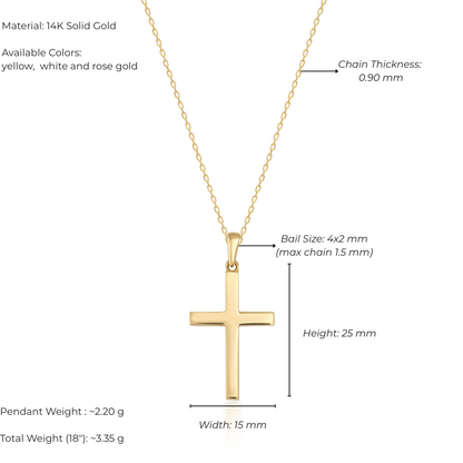 Gold cross pendant with measurement details on a white background