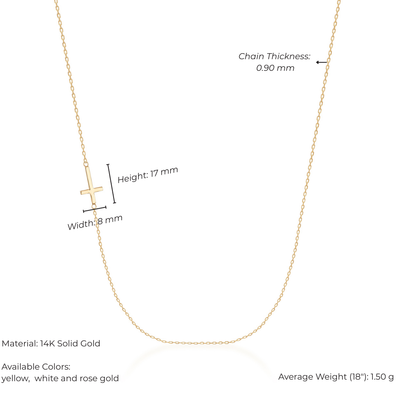 Gold necklace with measurements and details on a white background