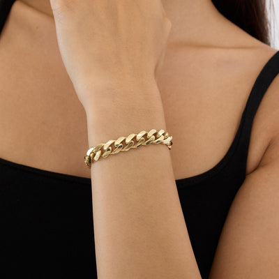 14K gold cuban link bracelet chain necklace, styled view