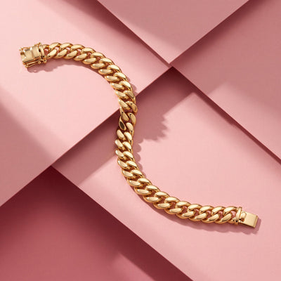 14K gold cuban link bracelet chain necklace, styled view